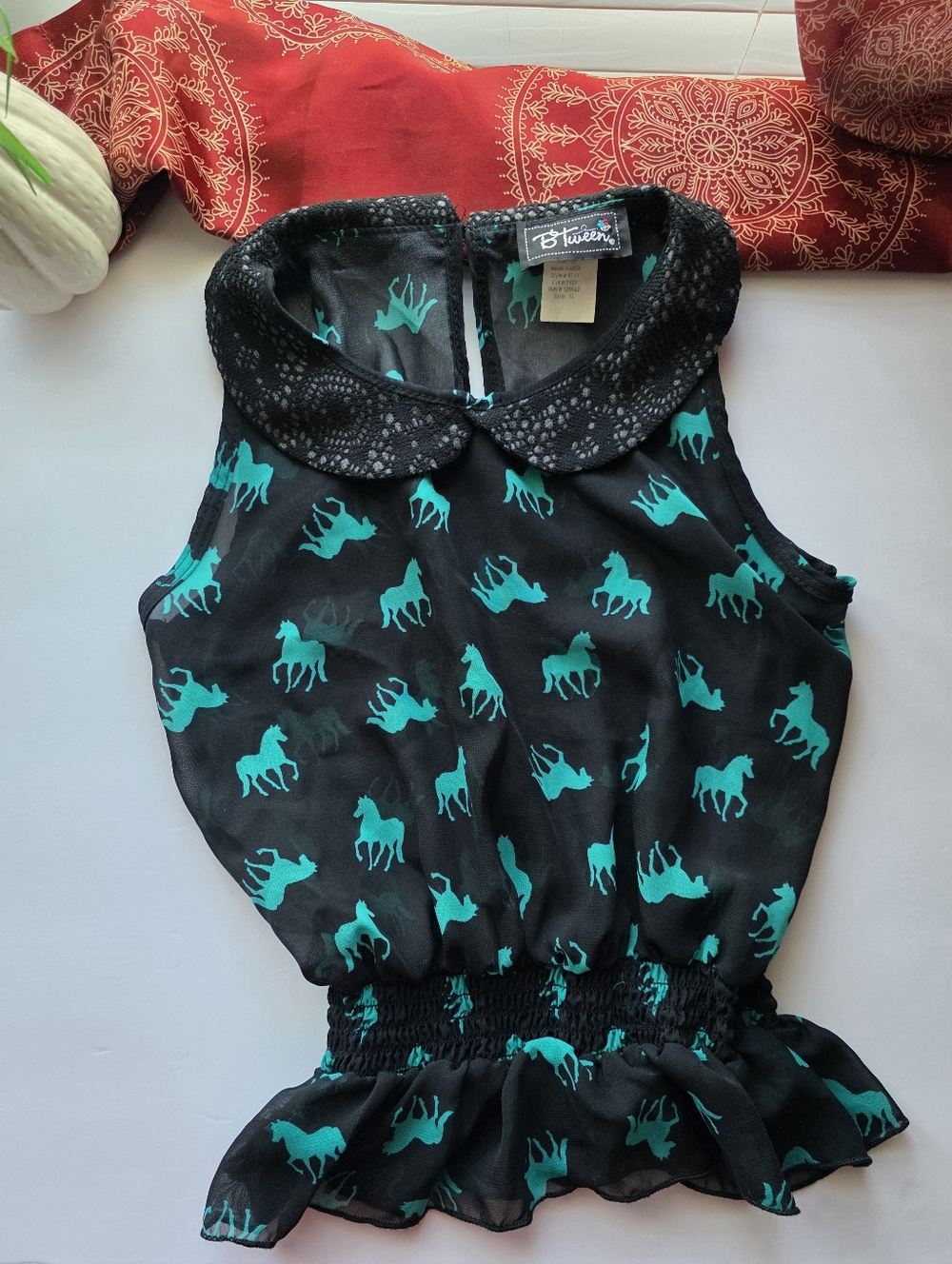 Btween Sheer Top Horse Print Black Teal Kids Size 10
